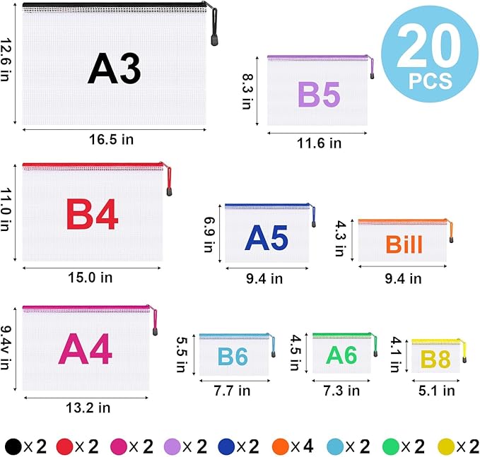 20 Pack Mesh Zipper Pouch Bags, 9 Sizes Waterproof Zipper Pouches for Organization, Reusable Zipper Pouches for Puzzle Board Game Storage, for Travel, School, Office Supplies - Image 4