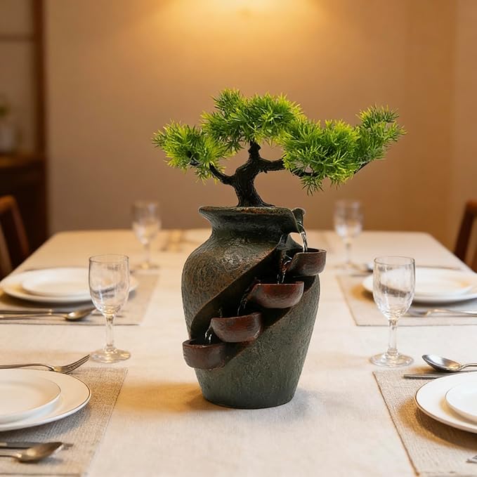 8.7inch Vase Type Artificial Bonsai Tree Fake Plant Mini Tabletop Waterfall Fountain with Water Flow, Indoor Desktop Decoration for Office Restaurant Coffee Home Decor or Festival Birthday Surprise - Image 2