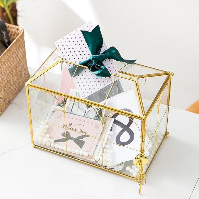 Glass Wedding Card Box with Slot, 10.2'' Large Clear Card Box Gold Brass Gift Card Storage Box with Lock Perfect for Wedding Receptions, Baby Shower, Birthday Party, Bridal Shower - Image 3