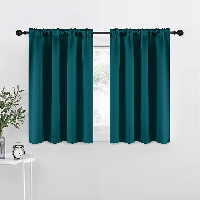 NICETOWN Teal Blackout Cafe Faux Silk Curtains for Small Windows, 42" Wide by 36" Long, 2 Panels, Rod Pocket Thermal Insulated Blackout Satin Drapes for Kitchen by NICETOWN