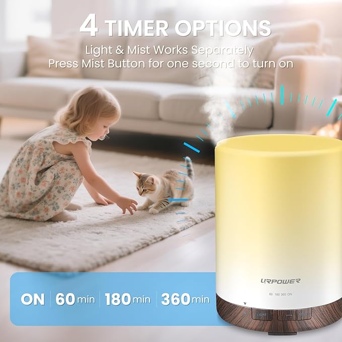 URPOWER 300ml Essential Oil Diffuser Ultrasonic Air Humidifier AUTO Shut Off Aromatherapy Scent Diffuser Night Light 7 Color Changing LED Lights and 4 Timer Settings for Home Office Yoga - Image 3