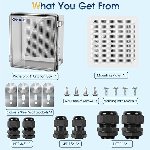 Waterproof Outdoor Project ABS Plastic Junction Box IP67 Weatherproof Dustproof Enclosure with Hinged Cover, Mounting Plate,Wall Brackets for Power Project (Clear, 11.8"x11.8"x7.1") - Image 7