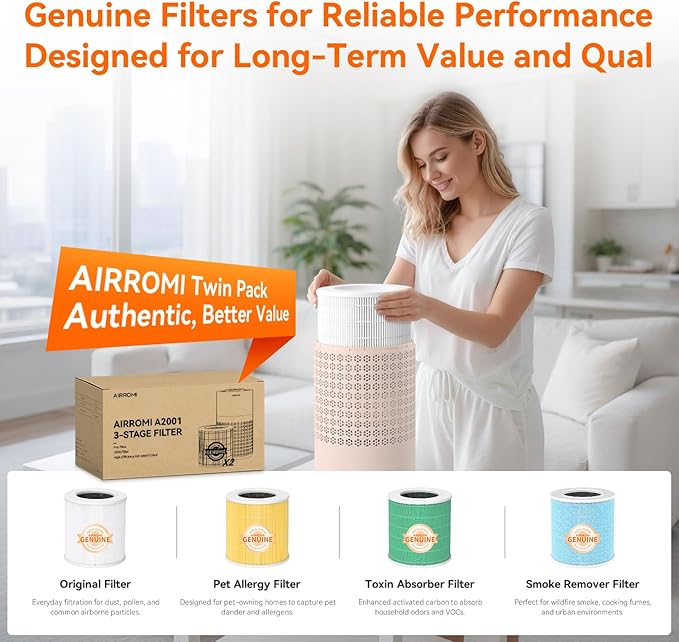 AIRROMI Air Purifier for Bedroom with HEPA 3-in-1 Filter, Pet Air Purifier for Home Cat Pee Smell, Covers Upto 990 Ft², Quiet 360°intake Air Cleaner for pet hair,allergies,Dust,Smoke A2001 Orange - Image 9