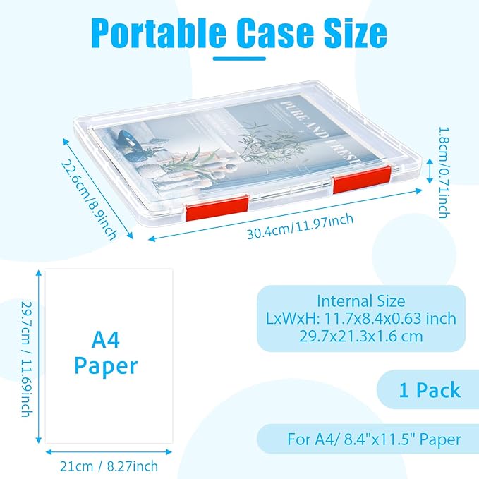 SAYEEC Portable Project Case A4 Plastic Transparent File Storage Box for 8.5"x11" Paper Slim Photo Art Craft Storage Container Scrapbook Document Organizer Magazine Protector for Office School (Red) - Image 2