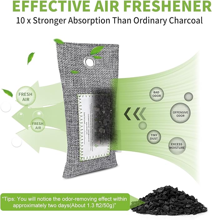 CLEVAST 6 Pack Charcoal Air Purifying Bags(6x60g), Activated Bamboo Natural Fresh Odor Absorber, Deodorizer and Moisture Eliminator, Air Purifier Bags for Home, Closet, Shoes, Car Air freshener - Image 4