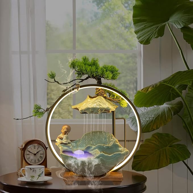 16In Bonsai Tree Statue Water Fountains Indoor Tabletop Waterfall Humidifier with LED Light and Atomizer Mist, Japanese Zen Decor Meditation Fake Plants Bonsai Feng Shui Decor Festival Birthday Gift by kunghei