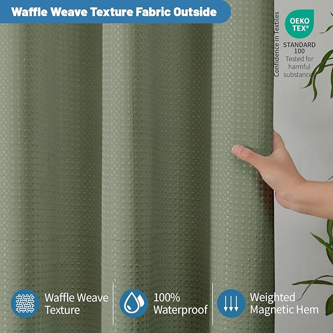 2-in-1 Waterproof Fabric Shower Curtain - No Separate Liner Needed, Hotel-Style Waffle Weave, Effortless Cleaning & Washable Bathroom Shower Curtain Set,72Wx84H,SageGreen - Image 8