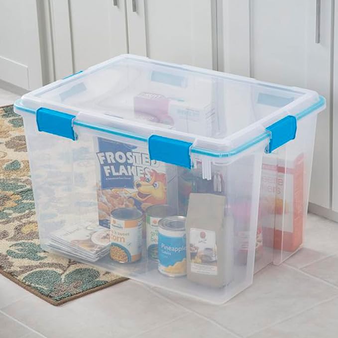 Sterilite 80 Qt Gasket Box, Stackable Storage Bin with Latching Lid and Tight Seal, Plastic Container to Organize Basement, Clear Base and Lid, 1-Pack - Image 8