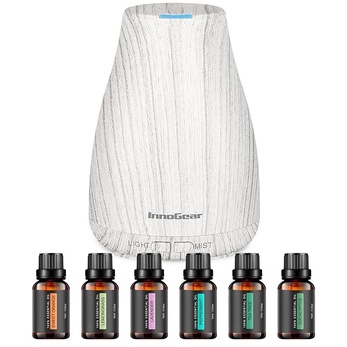 InnoGear Essential Oil Diffuser with Oils, 100ml Aromatherapy Diffuser with 6 Essential Oils Set, Aroma Cool Mist Humidifier Gift Set, Grey Wood Grain by InnoGear