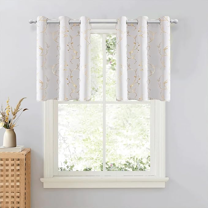 BUHUA Blackout Small Window Curtains for Kitchen and Bedroom Gold Foil Print Flower Grommet Short Thermal Insulated Room Darkening Curtains, Greyish White, 34Wx24L, 2 Panels by BUHUA