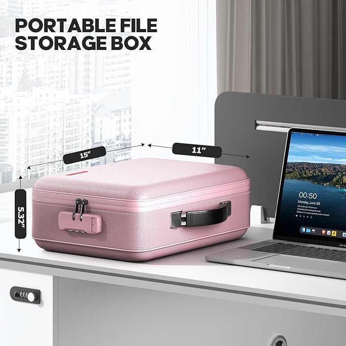 Fireproof Document Box, Hard Case Highly Flame-Resistant Fire Proof Waterproof File Organizer with Lock, Portable Fire Safe for Important Documents & Valuables Storage (Pink, ‎14"*11"*5") - Image 6