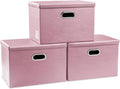 PRANDOM Large Stackable Storage Bins with Lids [3-Pack] Leather Fabric Foldable Storage Boxes Organizer Containers Baskets Cube with Cover for Bedroom Closet Office Nursery Pink (17.7x11.8x11.8) by Prandom