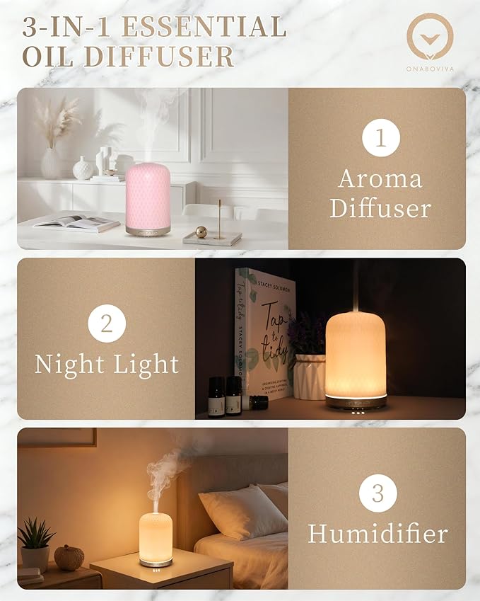 Essential Oil Diffuser for Home, 120ML Diffusers for Essential Oils Large Room, Ceramic Diffuser with USB Cable, Warm Ambient Light, Aromatherapy Diffuser Home Decor, Gift Choice, Pink - Image 2