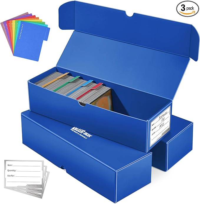 Trading Card Storage Box, 3-pack·1000 Count Card Storage Box with Dividers and Labels, Card Organizer for Collection, Trading Card Holder for Collector, Blue by Fabmaker
