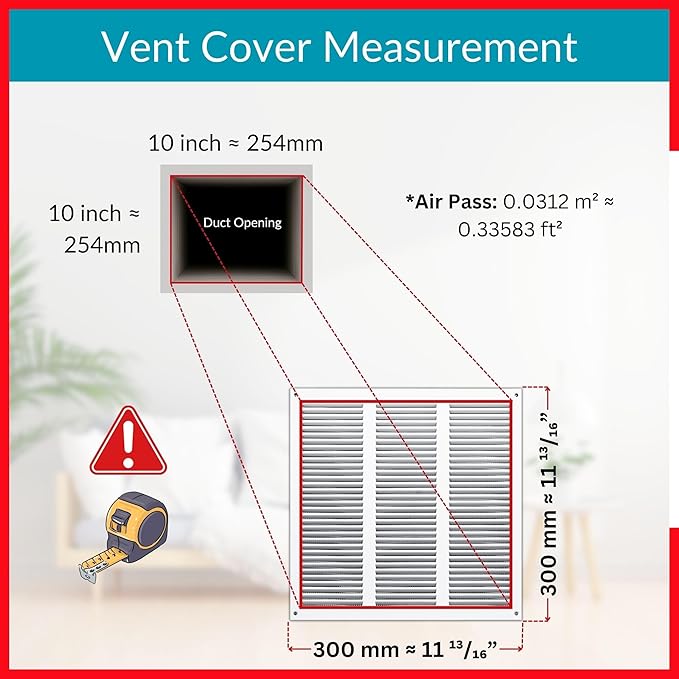 10x10 Vent Cover (Duct Opening) - White HVAC Return Air Grille for Wall and Ceiling - Metal AC Vent Cover with Mesh - Rectangular Air Register - External Dimensions: 11.81" W x 11.81" H - Image 6