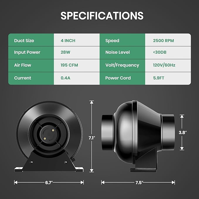 4 Inch 195 CFM Inline Duct Ventilation Fan, Exhaust HVAC Vent Blower for Hydroponics Grow Tent, Greenhouses, Attic, 2 Pack, Black - Image 6