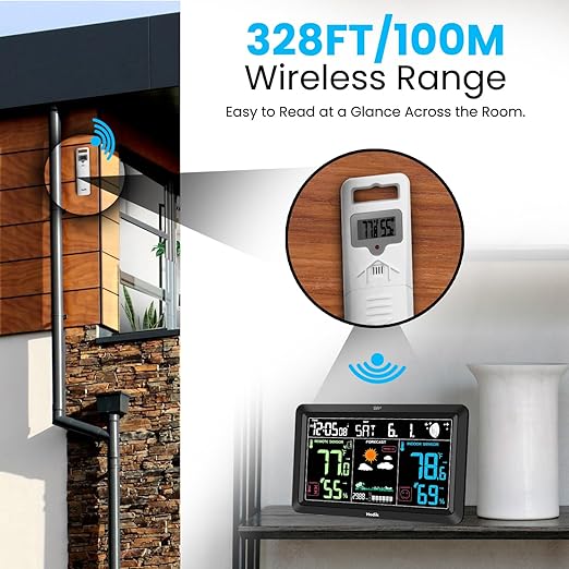 Weather Station Atomic Clock Indoor Outdoor Thermometer Wireless, Barometer Humidity Temperature Monitor Hygrometer with High Precision Sensor Black - Image 2