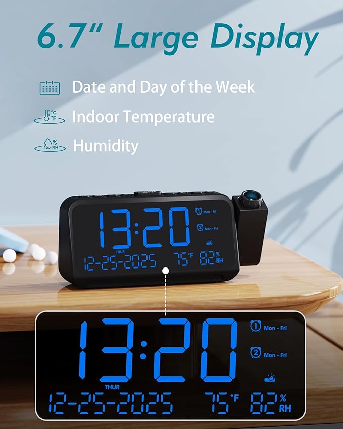 Roxicosly Projection Alarm Clock for Bedroom Ceiling, 118 dB Super Loud for Heavy Sleepers, 6.7" Large Digital Dimmable Display with Day Date Indoor Temp Humidity, Dual Alarms Adjustable Volume - Image 4