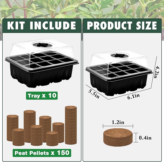 ZeeDix 10 Set Seed Starter Tray Kits, 10 Pack Seed Trays with 120 Pack Coco Coir Pellets, Adjustable Humidity Germination Tray with Dome Lids for Indoor Plants, Mini Greenhouse for Vegetables Garden - Image 4