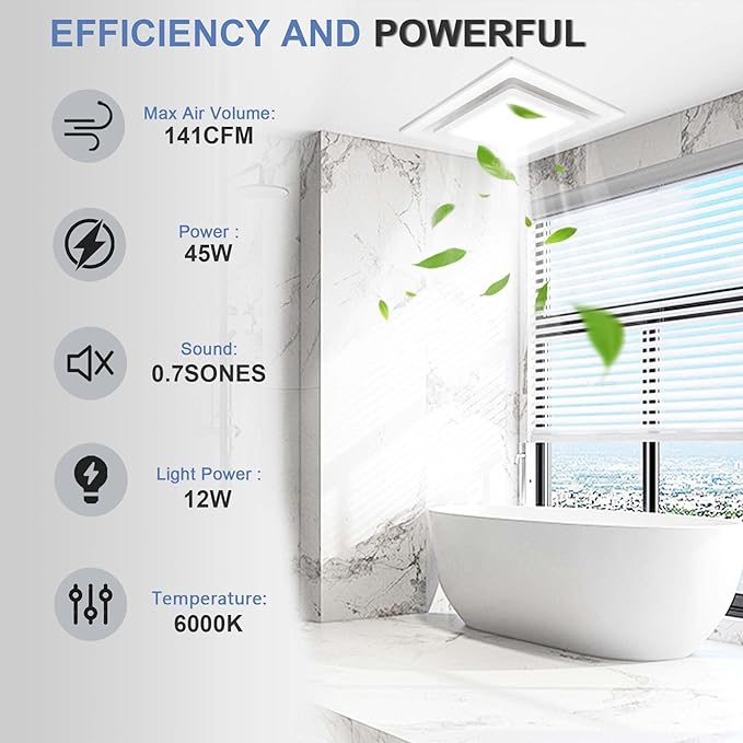 Bathroom Exhaust Fan with Light,Bathroom Fan with 6000K Square LED Combo,110V 141 CFM,0.7 Sones Low Noise Ventilation Fan for Home/Bath/Office/Hotel - Image 2