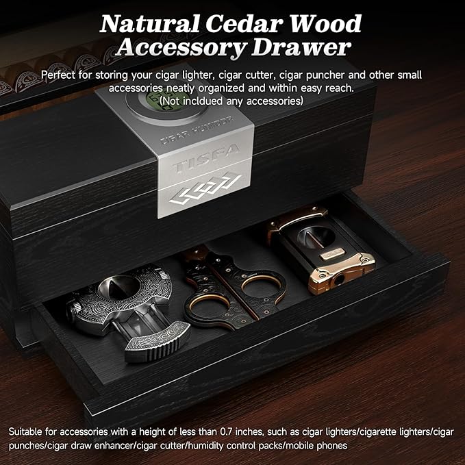 TISFA Cigar Humidor, Cedar Wood Desktop Humidor Box with Digital Hygrometer, Adjustable Humidifier, Accessory Drawer, Divider, Cigar Length Measurement, Glass Top Storage Holder Cigar Case (Black) - Image 7