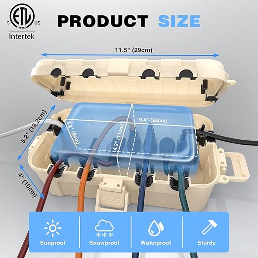Flemoon [2 Pack] Outdoor Electrical Box Waterproof, Medium Weatherproof Electrical Box (11.5x5.2x4 inch) w/6 Cable Entry Ports, Extension Cord Cover for Power Strip, Timer, Holiday Light, Almond - Image 3