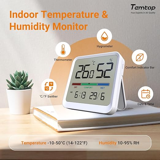 Temtop Indoor Thermometer Hygrometer, Precision Digital Temp/Humidity Monitor with Magnet & 3M Sticker, Date & Time, Wall/Magnet/Stand Mount, for Home, Office, Nursery, T1-SE - Image 4