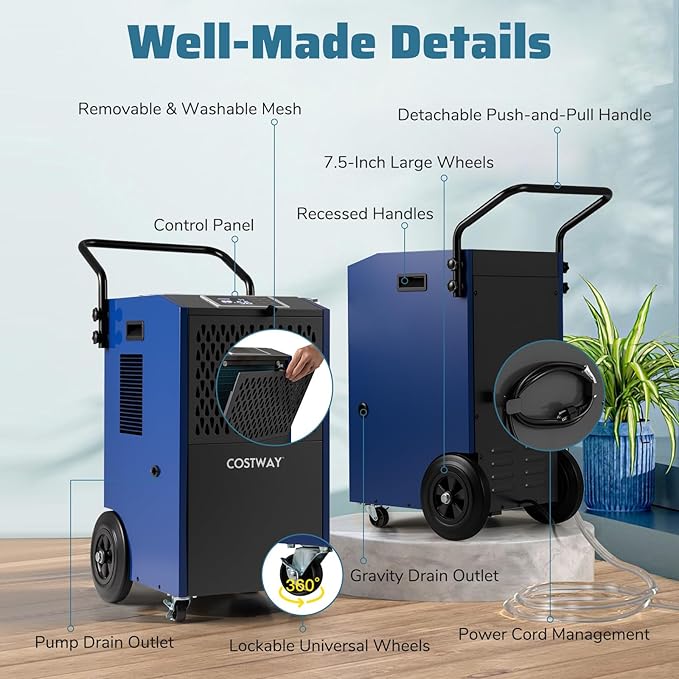 COSTWAY 154 Pints Commercial Dehumidifier with Pump, Portable Industrial Heavy Duty Large Dehumidifier with Drain Hoses for Basements, Job Sites (Navy) - Image 9
