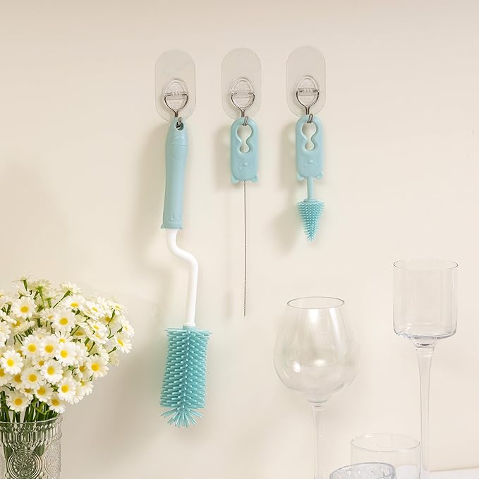 Chemimoso Silicone Spinning Bottle Cleaning Brush, 13.4in Long Handle Water Cup Bottles Cleaner for Baby Bottles, Sports Bottle, Glass Vase, Tumbler, with a Tiny Cup Lid Gap Cleaning Brush, x Blue - Image 4