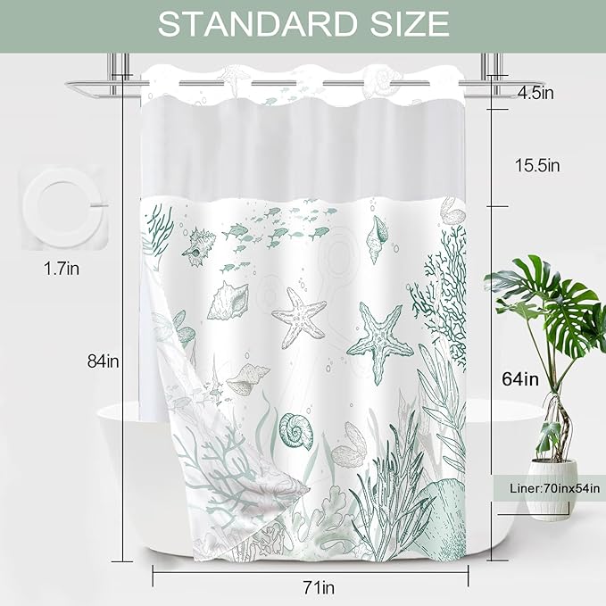 Extra Long No Hook Shower Curtain with Snap in Liner, Beach Ocean Nautical Coastal Shower Curtains and Liner Set for Bathroom, Seashell Fabric Bath Curtain, Waterproof Washable, Green 71"x84" - Image 7