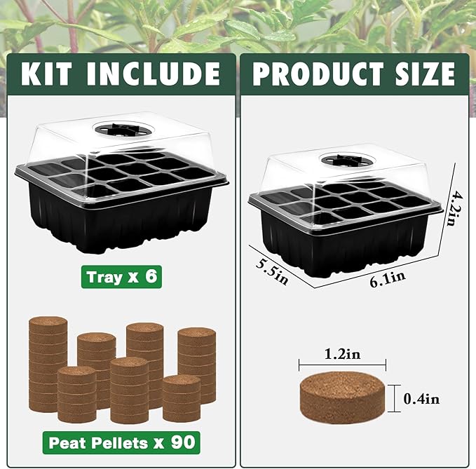 ZeeDix 6 Set Seed Starter Tray Kits, 6 Pack Seed Trays with 90 Pack Coco Coir Pellets, Adjustable Humidity Germination Tray with Dome Lids for Indoor Plants, Mini Greenhouse for Vegetables Garden - Image 4