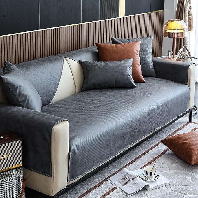 Faux Leather Waterproof Couch Sofa Cover Vintage PU Sectional Couch Cover Non Slip Sofa Slipcover Furniture Protector for Kids Dogs Cats (Gray,43"x94") by WelcometoXSlive