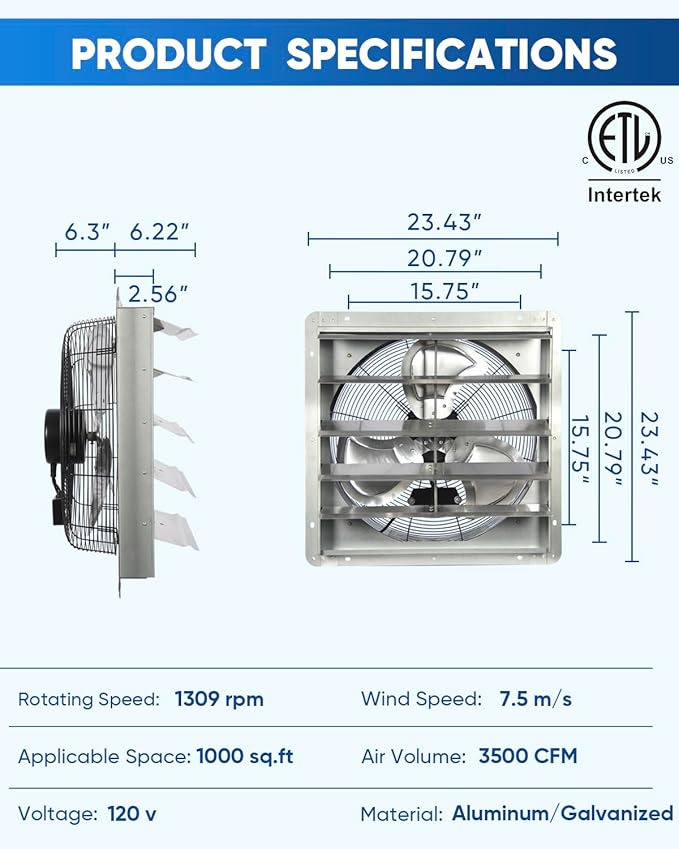 KEN BROWN 20 Inch Shutter Exhaust Fan With 1.65 Meters Power Cord Wall Mounted, High Speed 3500CFM, Vent Fan For Garages And Shops, Greenhouse,Attic Ventilation - Image 2