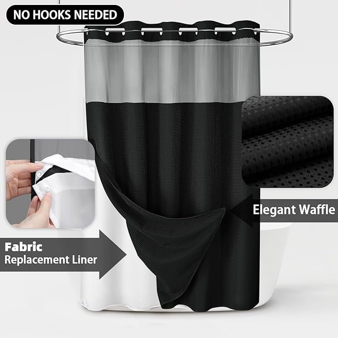 No Hook Shower Curtain and Liner Set,Black Hotel Waffle Shower Curtain with Liner 75" L x 54" W - Image 3