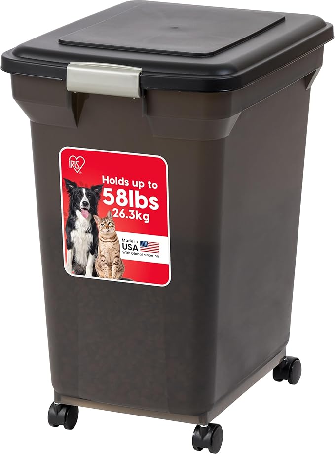 IRIS USA 58 Lbs / 67 Qt WeatherPro Airtight Pet Food Storage Container with Attachable Casters, For Dog Cat Bird and Other Pet Food Storage Bin, Keep Fresh, Easy Mobility, BPA Free, Smoke by IRISUSA