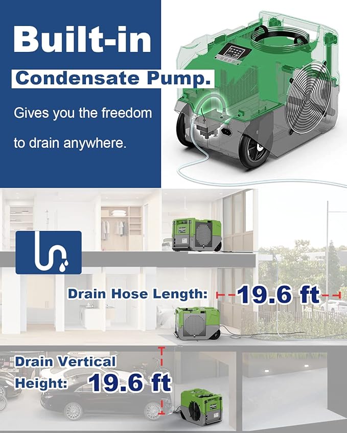 ALORAIR 264 PPD Commercial Dehumidifier with Pump, Industrial Dehumidifier with Pump Up to 3,000 Sq.Ft, Compact, Portable, for Water Damage Restoration, Basement, Crawl Space, Green - Image 4