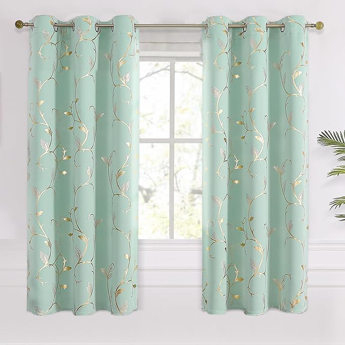 BUHUA Blackout Curtains Gold Foil Print Flower Vine Grommet Drapes, Room Darkening Thermal Insulated Curtains, Noise Reducing Blackout Curtain for Bedroom, Aqua, 38Wx63L, 2 Panels - Image 2