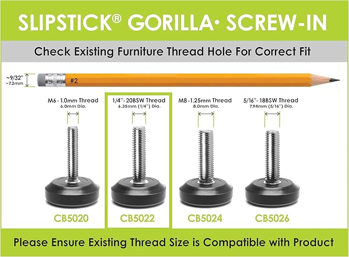 Slipstick Gorilla Outdoor Adjustable Furniture Levelers (8 Pack) Weatherproof Screw in Leg Glides for Chairs, Tables, and Outdoor Furniture Feet, 1-1/8 Inch Slider Glide, 1/4"-20 BSW Thread - Image 6