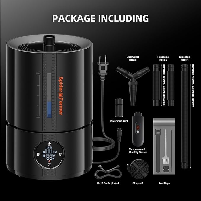 Spider Farmer New 450ml/h Humidifier for Plants Grow Tent Large Room, GGS Smart Customized Humidity Control Cool Mist with Extendable Targeting Hose and Temp & Humidity Probe Indoor Black 5L (Upgrade) - Image 8