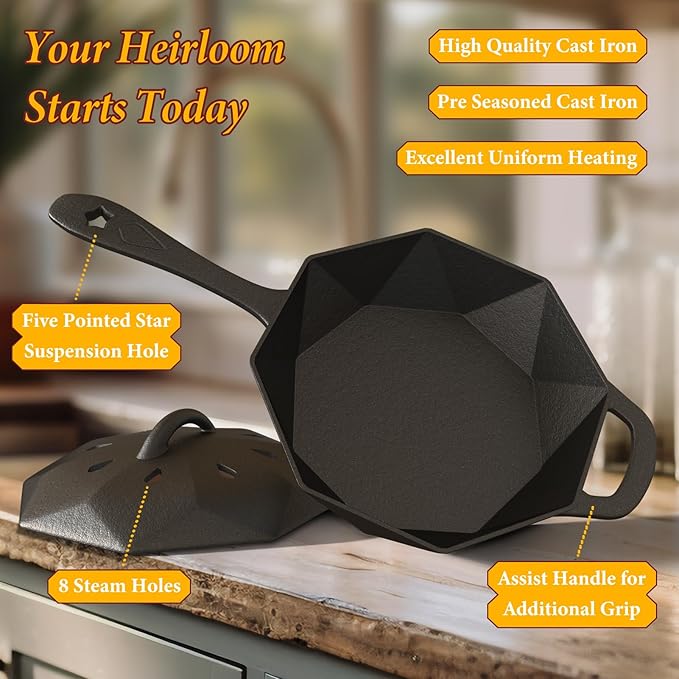 Dual-Layer Wood Stove Steamer/Humidifier + 6.5 Inch Octagon Cast Iron Skillet with Lid – Multi-Functional for Steaming, Frying, Baking & Stove - Image 9