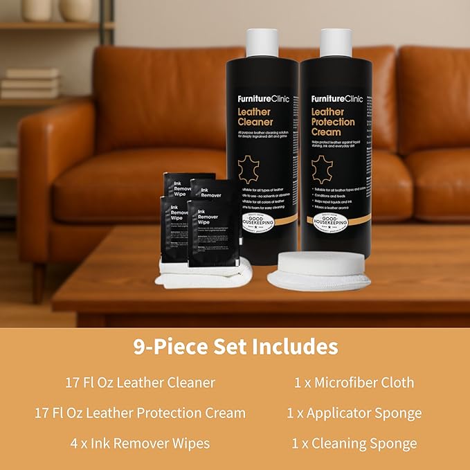 Furniture Clinic Large Leather Care Kit | Leather Cleaner + Conditioning Protection Cream for Furniture | Two 17oz Bottles + 1 Sponge & 1 Cloth | Restore Leather Couches, Car Seats, Jackets, & Boots - Image 9
