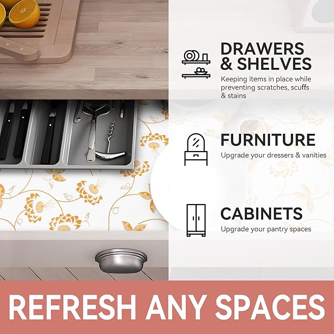 RAY STAR Shelf Liner, Non Adhesive Golden Leaves Floral Kitchen Cabinet Liner for Pantry Drawer Vanity, Strong Grip Non Slip, Shelf Liners for Kitchen Cabinets Cupboard 12 Inch x 10 FT (3 Rolls) - Image 6