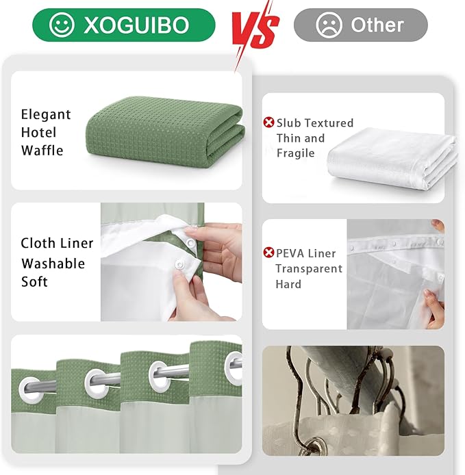 No Hook Shower Curtain and Liner Set,Green Hotel Waffle Shower Curtain with Liner 75" L x 72" W - Image 5