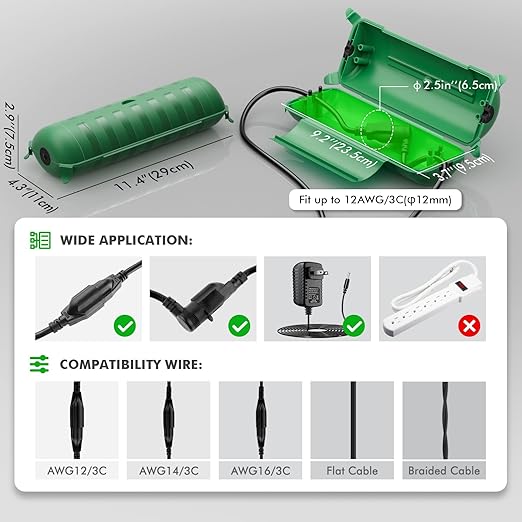 Restmo Extension Cord Safety Cover, IP44 Waterproof Connection Box, Weatherproof Electrical Enclosure Seal to Protect Outdoor Outlet, Plug, Holiday Decoration Light, Fountain, Power Tool, Green - Image 2
