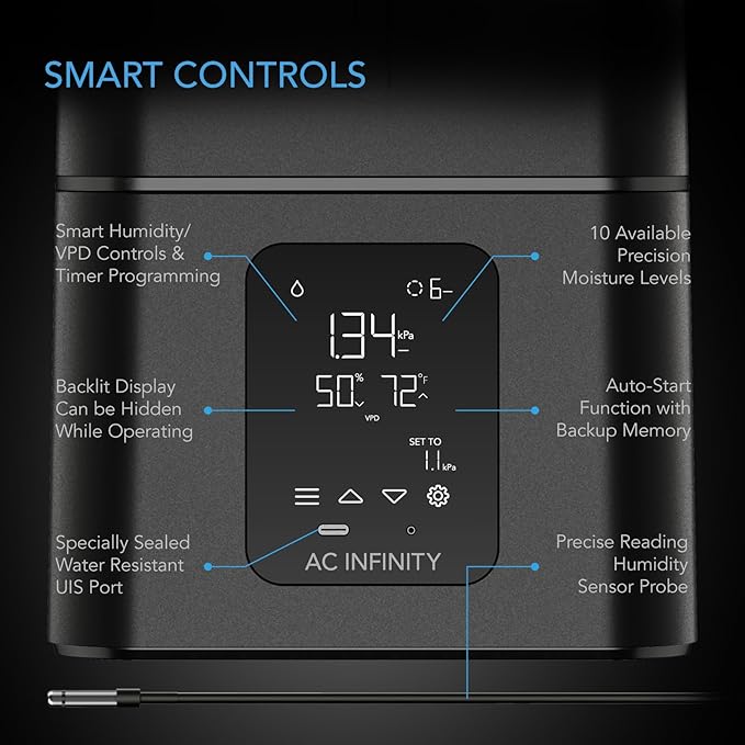AC Infinity CLOUDFORGE T7, Plant Humidifier 15L with VPD Humidity Controls, 10-Level Precision Vaporizer, Extendable Hose, Targeting Pipe, and No-Leak Seal for Grow Tents - Image 3