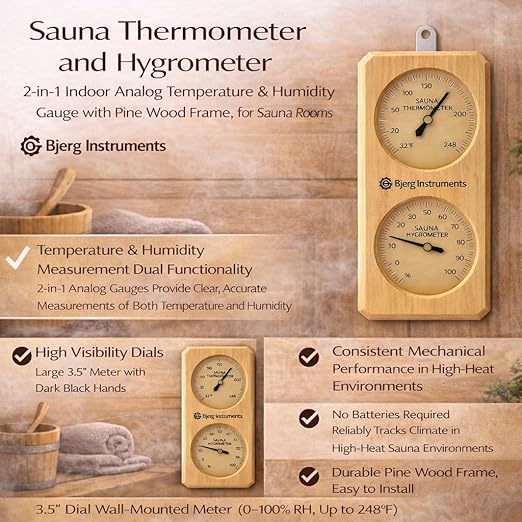 Sauna Thermometer and Hygrometer - 2-in-1 Indoor Analog Temperature & Humidity Gauge with Pine Wood Frame, for Sauna Rooms - 3.5" Dial Wall-Mounted Meter (0–100% RH, Up to 248°F) - Image 8