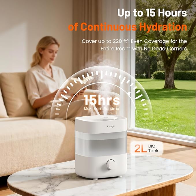 Humidifiers for Bedroom, 2L Tank for 15H, 20dB Quiet Mist Time, Dual Nozzles, Auto Shut-Off, Rotate to Adjust Mist Intensity, Rapid Ultrasonic Humidification for Baby Nursery and Plant (White) - Image 3