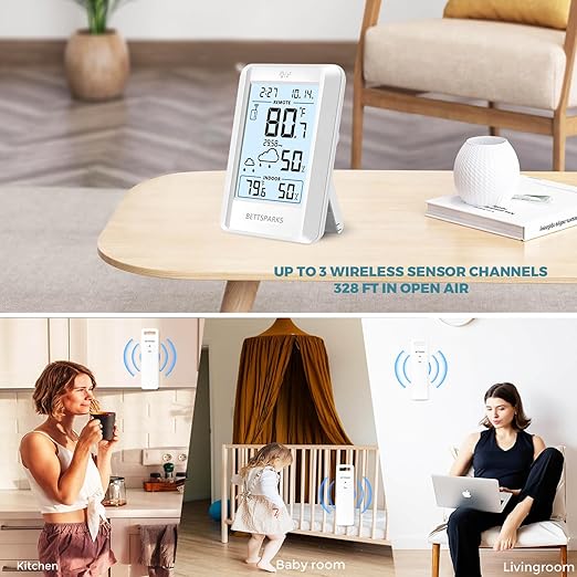 Indoor Outdoor Thermometer Wireless Weather Station with 330FT Range Remove Sensor Inside Outside Digital Hygrometer Thermometer Battery Powered Temperature Gauge Humidity Monitor with Clock&Backlight - Image 6
