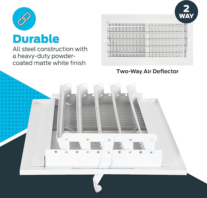 EZ-FLO 12 x 6 Inch (Duct Opening) Air Vent Cover for Wall or Ceiling, Two-Way Ventilation Register, Solid Steel HVAC Register Cover, White, 61612 - Image 5