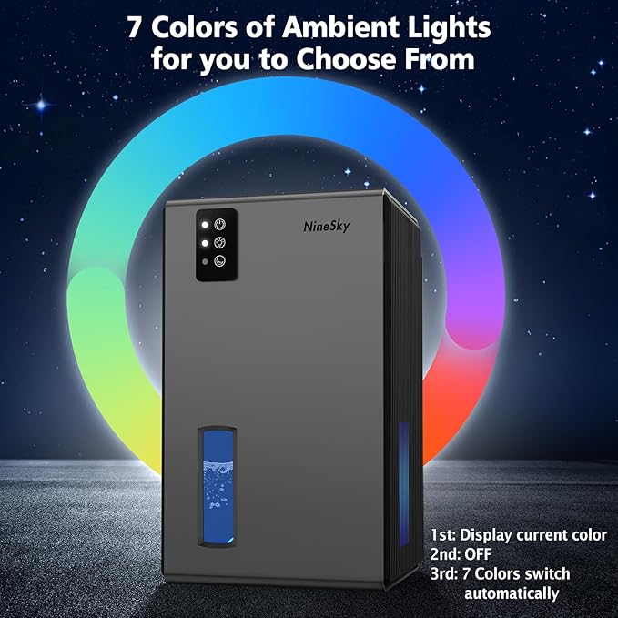 NineSky Dehumidifiers for Home, 95 OZ Water Tank, (1000 sq.ft) Dehumidifiers for Bathroom Bedroom Basement with Auto Shut Off,7 Colors LED Light (Gray) - Image 4
